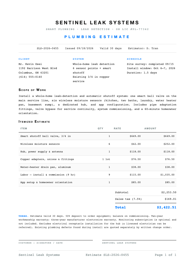Tech minimalist plumbing estimate